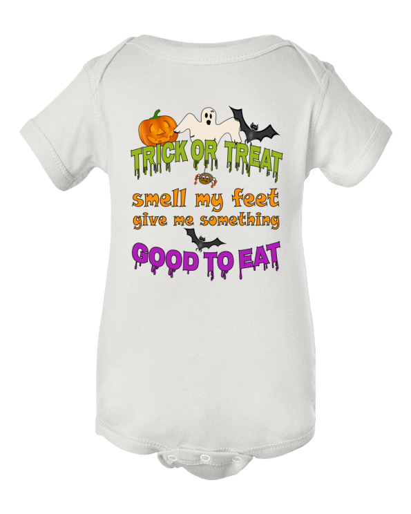 Spooky Fun Afoot! "Trick Or Treat, Smell My Feet" Funny Halloween Baby Onesie